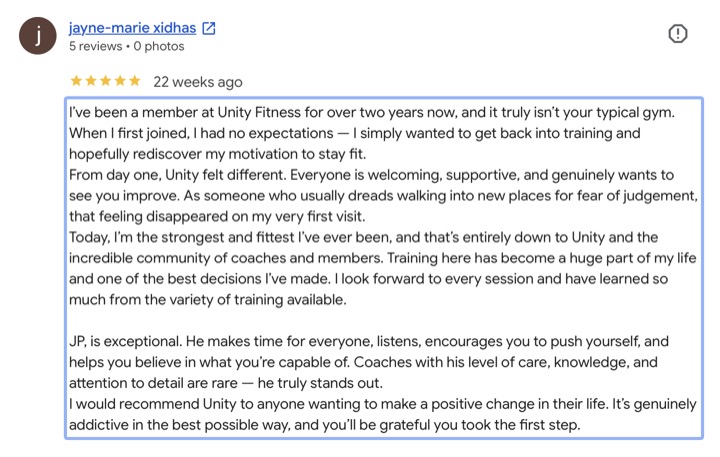 Unity Fitness member review 1